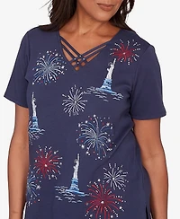 Alfred Dunner Women's Lady Liberty Statue Of Fireworks V-Neck T-shirt