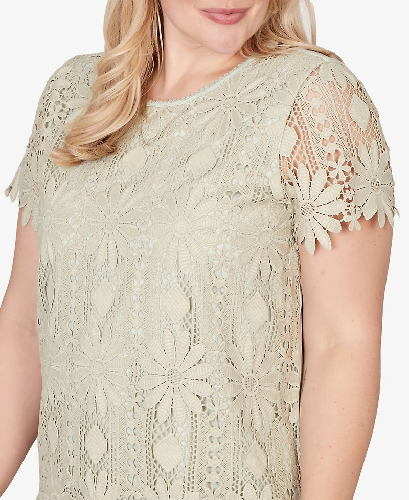 Alfred Dunner Women's Vintage Charm Floral Lace Short-Sleeve T0p