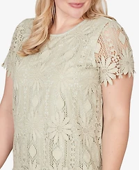 Alfred Dunner Women's Vintage Charm Floral Lace Short-Sleeve T0p