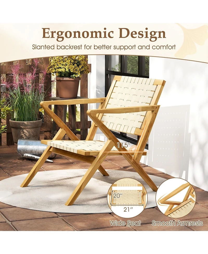 Sugift Outdoor and Indoor Teak Wood Patio Chair wuth Webbing Seat and Backrest