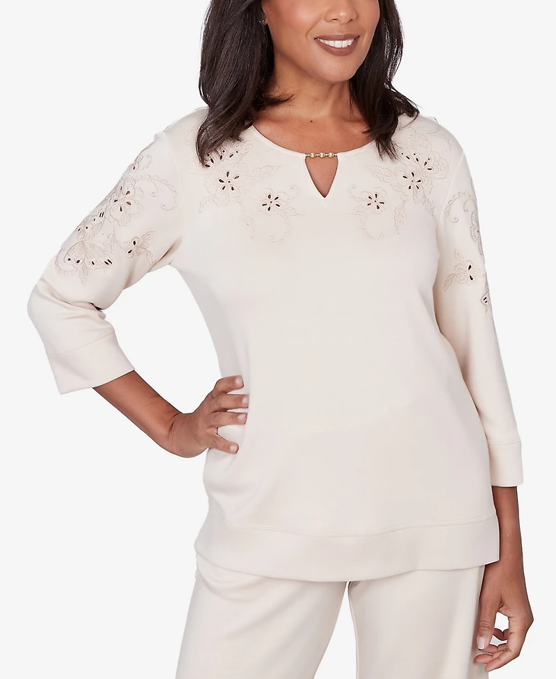 Alfred Dunner Women's Seville Floral Embroidered Beaded Split Neck Top