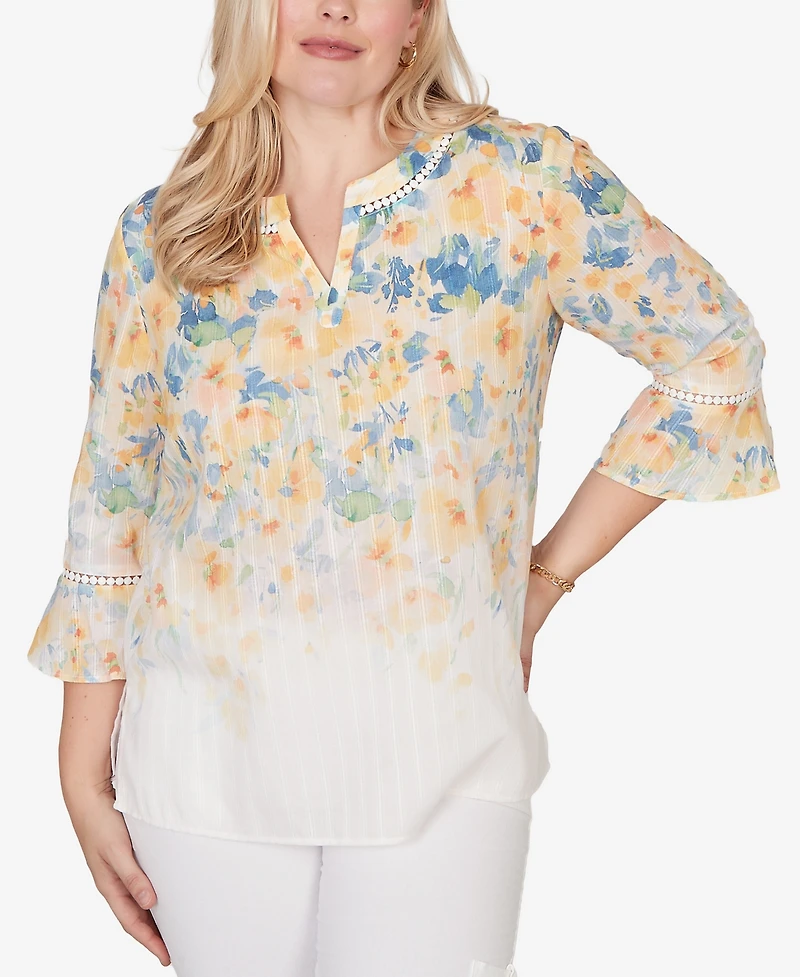 Alfred Dunner Women's Out of the Blue Falling Floral Three-Quarter-Sleeve Top