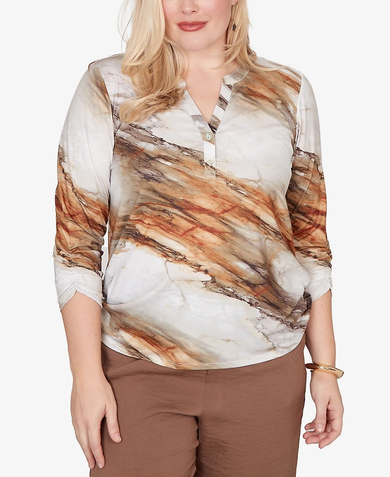 Alfred Dunner Women's Spice Market Marble Print Split Neck Top