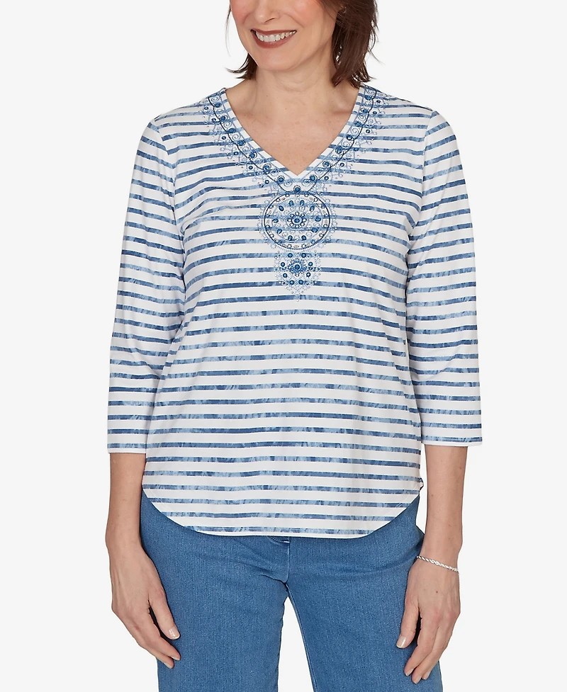 Alfred Dunner Women's Classic Medallion Embroidered Stripe V-Neck Top