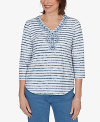 Alfred Dunner Women's Classic Medallion Embroidered Stripe V-Neck Top