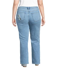 Lands' End Women's Soft Denim Mid Rise Relaxed Straight Leg Embroidered Jeans
