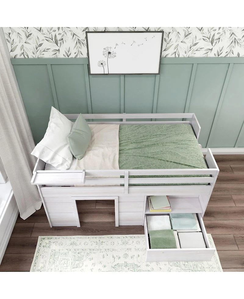 Max & Lily Modern Farmhouse Low Loft Bed with Storage Drawer, Solid Wood for Kids