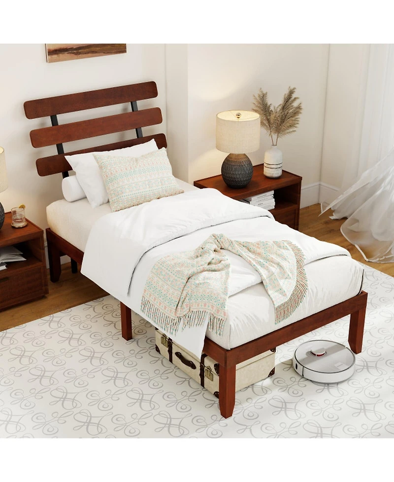 Gouun Twin Metal and Wood Bed Frame with Headboard and Retro Headboard