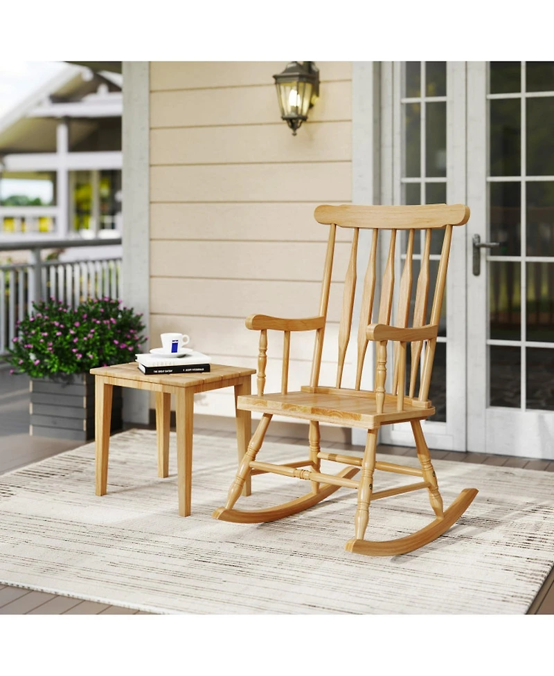 Gouun Solid Rubber Wood Porch Rocking Chair with Contoured Seat