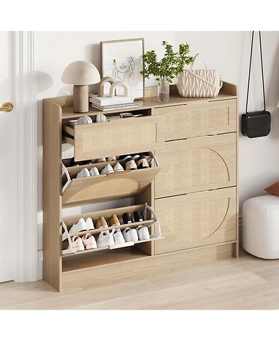 Homfan Rattan Shoe Cabinet with Adjustable Shelves and Metal Handles, Narrow Entryway Storage