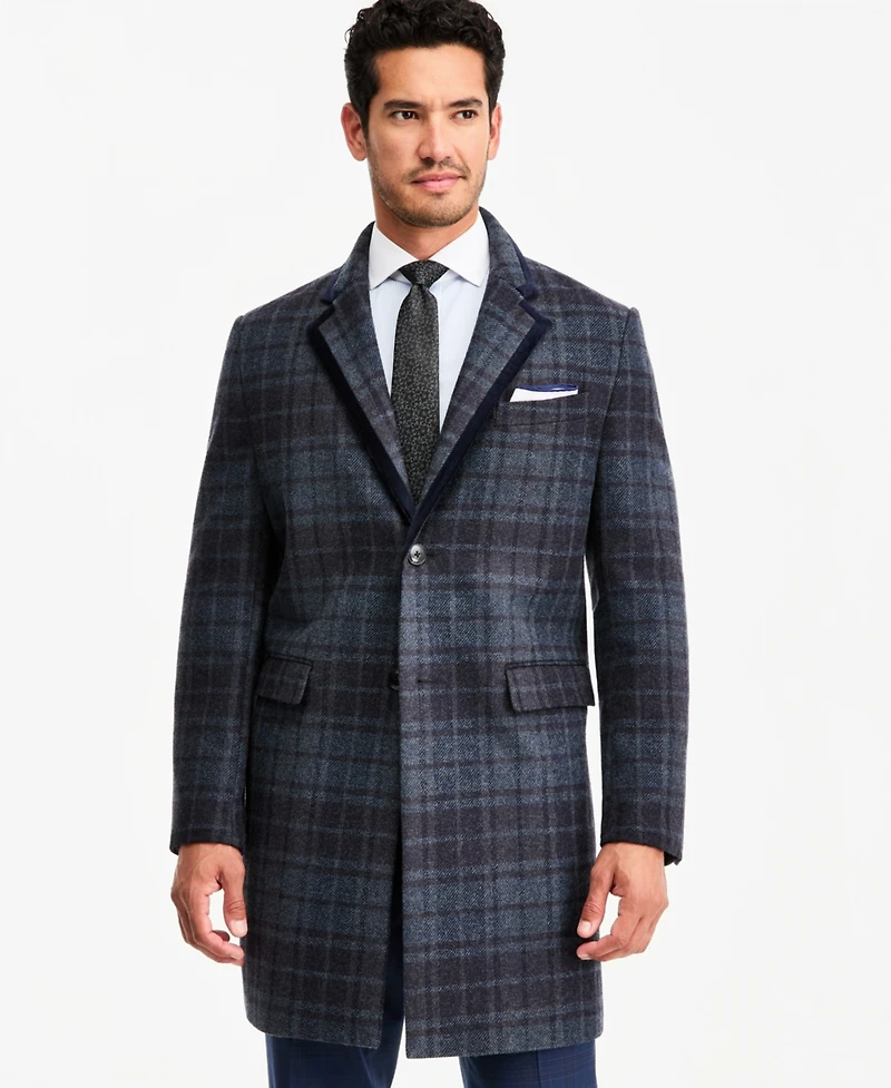 Tayion Collection Men's Classic-Fit Blue Plaid Overcoat