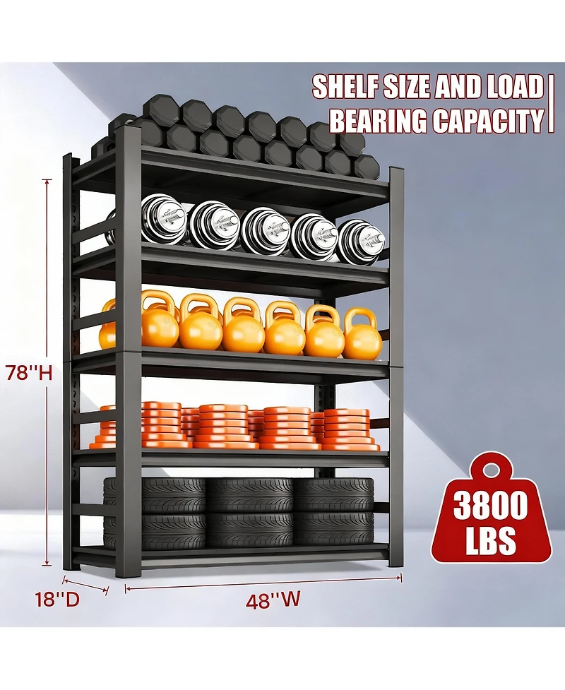 Yigii Heavy Duty 5-Tier Metal Garage Shelving, 3800lb Capacity, Tool-Free Assembly