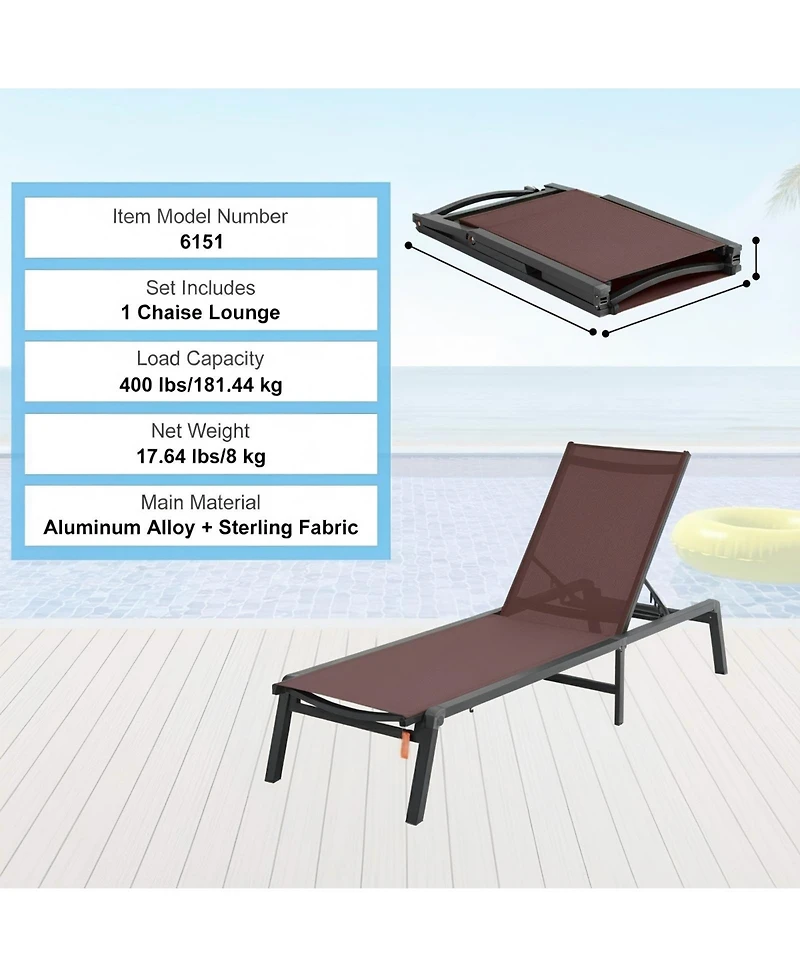 Gouun Aluminum Folding Chaise Lounge with 5-Position Recline, 400 lbs Capacity
