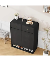 Homfan Shoe Cabinet with 2 Doors and Drawers, 4 Tier Entryway Storage Open Bottom Shelf