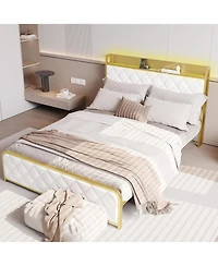 gaomon King Platform Bed Frame with Charging Station, Led Lights, Velvet Storage Headboard, Noise-Free, No Box Spring Needed