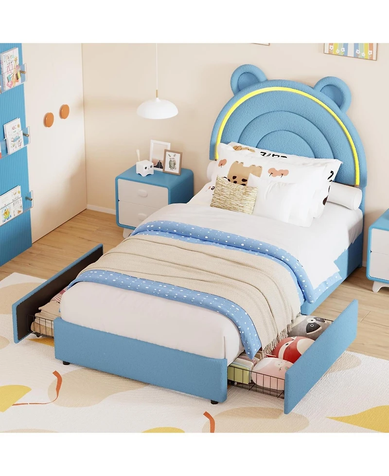gaomon Twin Size Bed Frame with 2 Storage Drawers, Velvet Upholstered Platform Bed with Rainbow Headboard for Kids