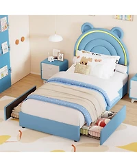 gaomon Twin Size Bed Frame with 2 Storage Drawers, Velvet Upholstered Platform Bed with Rainbow Headboard for Kids