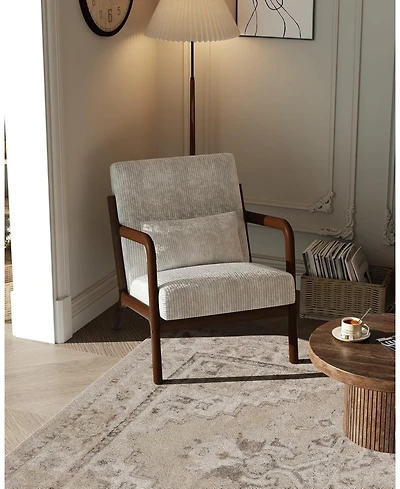 gaomon Mid-Century Modern Accent Chair with Corduroy Upholstery, Solid Wood Armchair with Removable Lumbar Pillow