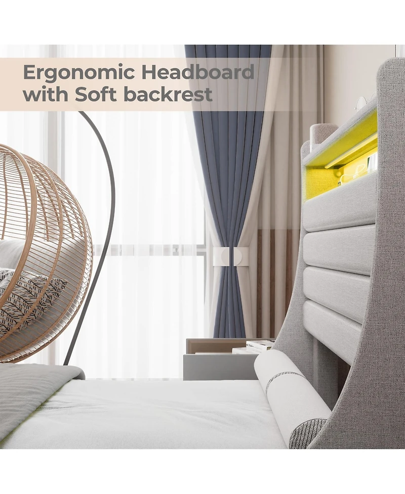 Homfan Modern Upholstered Platform Bed Frame with Led Headboard and Charging Station - Wooden Slat Support, Noise-Free