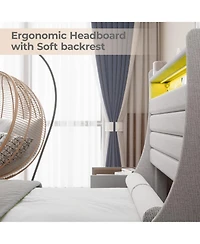 Homfan Modern Upholstered Platform Bed Frame with Led Headboard and Charging Station - Wooden Slat Support, Noise-Free