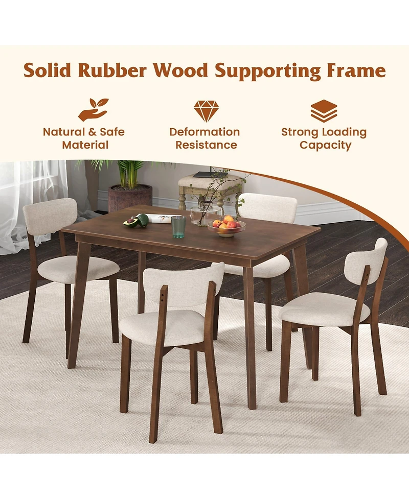 Gouun 5-Piece Padded Dining Set with Rubber Wood Table and 4 Linen Chairs