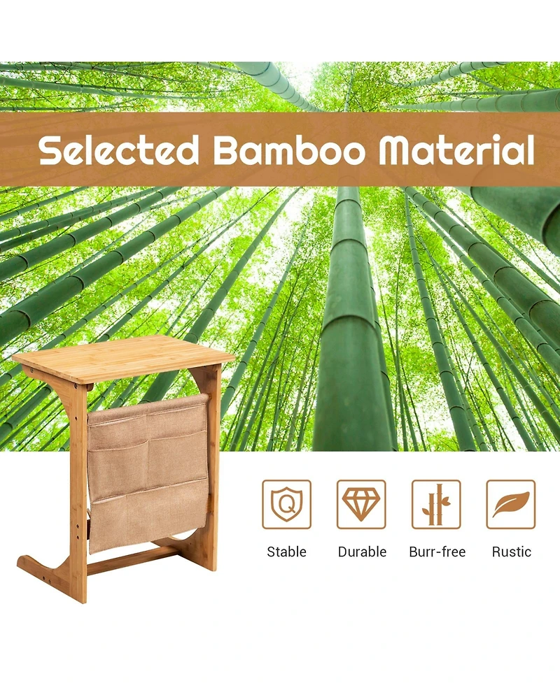 Sugift Bamboo Sofa Side Table with Storage Pocket Design
