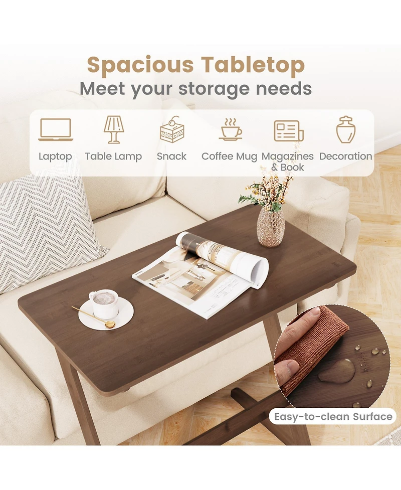 Sugift Bamboo Z Shaped Sofa Side Table with Space Saving Top