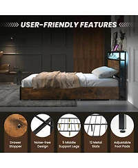 Gouun Full Size Led Bed Frame with 4 Storage Drawers and Built-In Charging Station