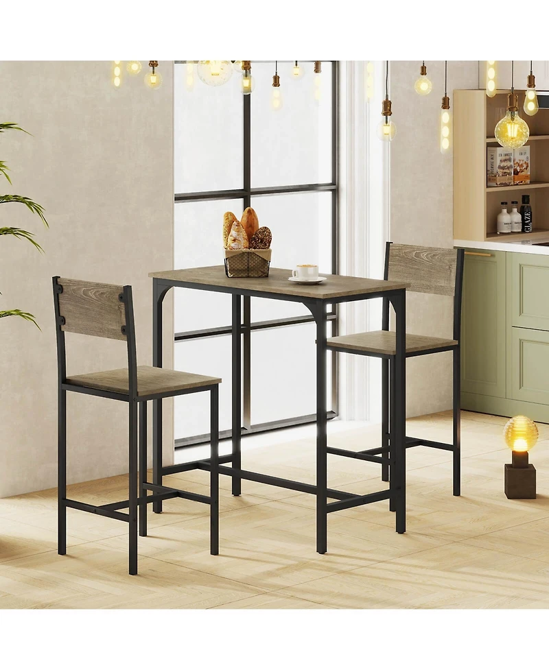 Costway 3 Pcs Bar Table Set Pub Dining Table and 2 Bar Stools with Backrest and Footrest