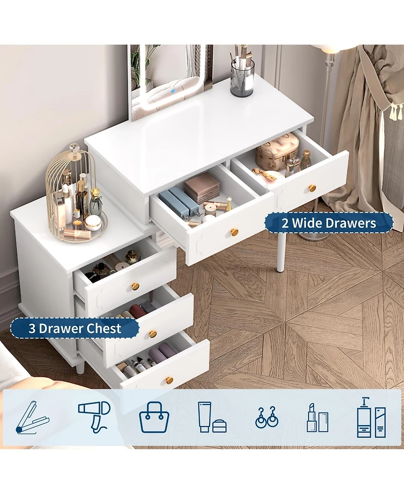 Homfan Makeup Vanity Desk with Mirror and Lights, Modern Table 2 Drawers Adjustable 3-Drawer Cabinet, Wood Dressing for Bedroom