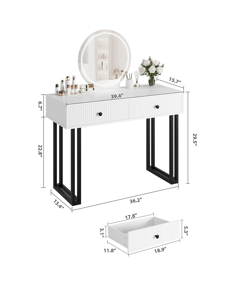 Homfan Modern Makeup Vanity Desk with Mirror and Led Lights - 3 Lighting Modes, Adjustable Brightness, 2 Storage Drawers, Sturdy Bedroom Furniture