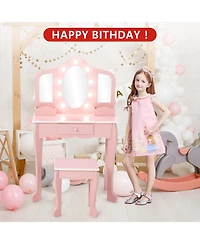 Homfan Kids Vanity Set with Lighted Tri Fold Mirror, Wooden Pretend Play Dressing Table Stool, Storage Drawer & Adjustable Led Modes