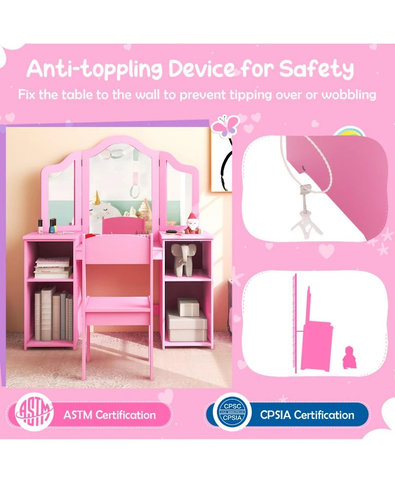 Gouun Kids Vanity Set with Tri-Folding Acrylic Mirror, 4 Storage Cubbies and High-Back Chair