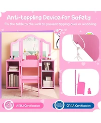 Gouun Kids Vanity Set with Tri-Folding Acrylic Mirror, 4 Storage Cubbies and High-Back Chair