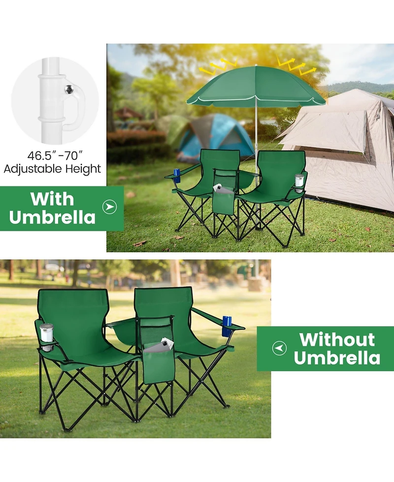 Sugift Portable Folding Picnic Double Chair with Removable Umbrella