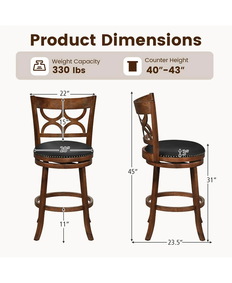 Gouun 31 in Swivel Upholstered Faux Leather Counter Height Bar Stools Set of 2 and High Backrest