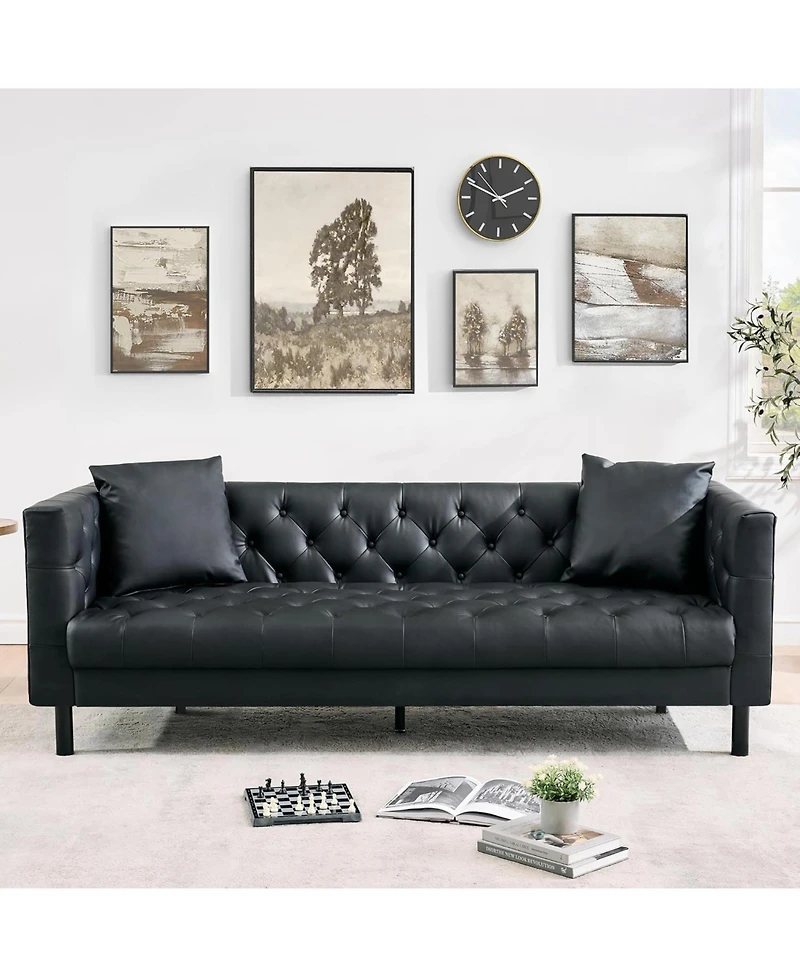 gaomon 78 in Leather Couch for Living Room, Button-Tufted 3 Seater Sofa with 2 Pillows and Deep Seat, Modern Mid-Century Leather Sofa for Apartment