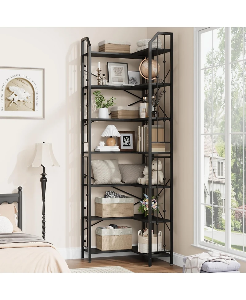 gaomon l-Shaped Corner Bookshelf, 5/7-Tier Tall Bookcase, Industrial Storage Display Shelves for Living Room