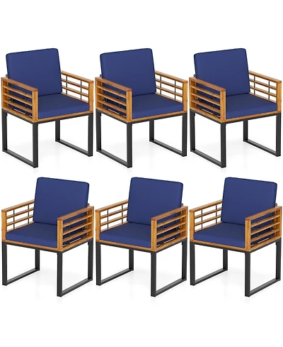 Gouun Set of 6 Acacia Wood Patio Dining Chairs with Seat and Back Cushions