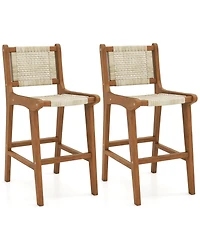 Gouun Counter Height Teak Wood and Rattan Outdoor Bar Stool with Footrest