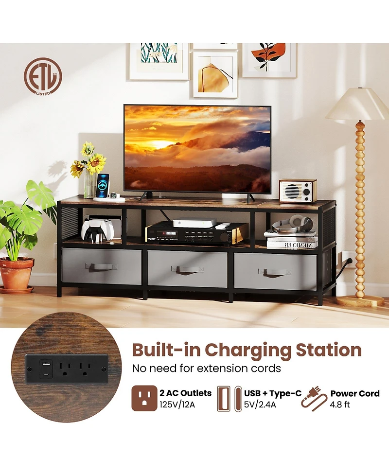 Gouun Industrial 55-Inch Tv Stand with Power Outlets and Fabric Drawers