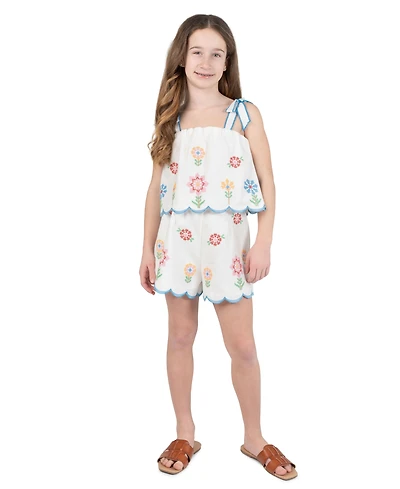 Tween Diva Girls' 7-16 Floral Embroidered Scallop Top and Shorts, 2-Piece Set