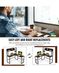 Gouun Reversible L-Shaped Corner Desk with Open Storage Hutch and Footrest Bars