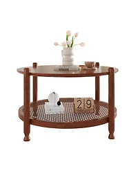 Rainsken Round Coffee Table, 2-Tier Rustic Wood Center Table with Boho Woven Rattan Storage Shelf for Living Room