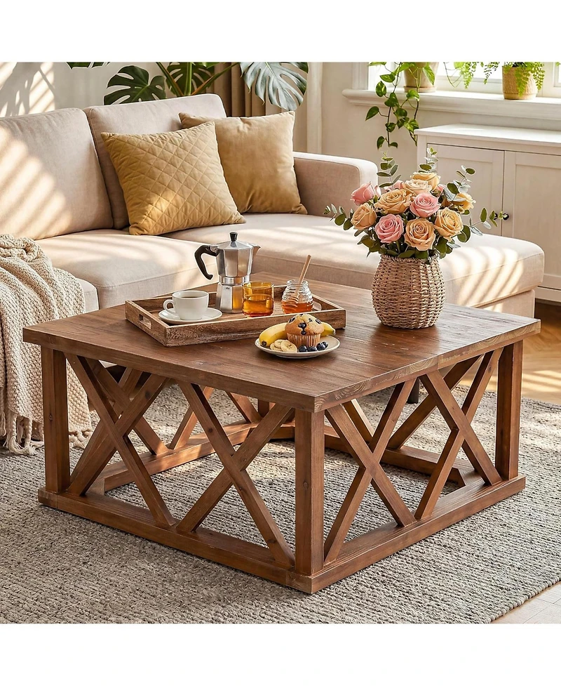 Tribesigns 39.37'' Solid Wood Coffee Table with Reinforced X-Frame, Farmhouse Square Coffee Table