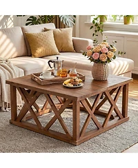 Tribesigns 39.37'' Solid Wood Coffee Table with Reinforced X-Frame, Farmhouse Square Coffee Table
