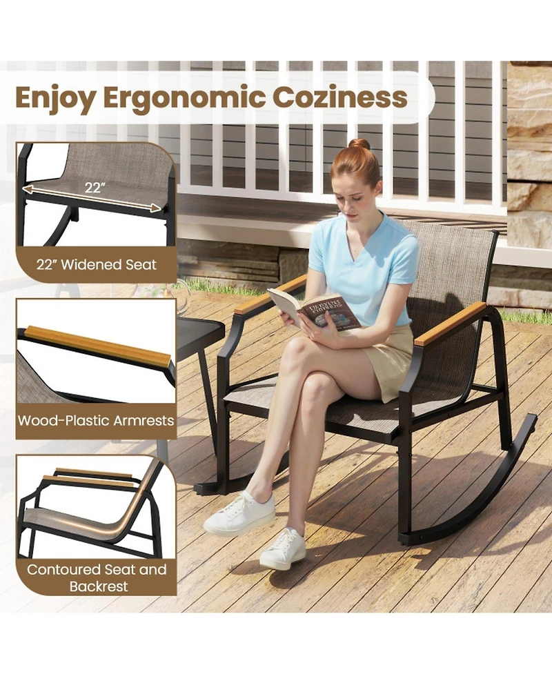 Gouun 3-Piece Outdoor Rocking Bistro Set with Fabric Seats and Glass Coffee Table