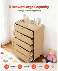 Sugift 5 Drawer Rattan Dresser, Modern Closet Chest with Metal Handles, Wood Legs