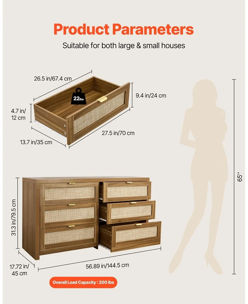 Sugift 6 Drawer Rattan Dresser, Rattan Chest with Metal Handle