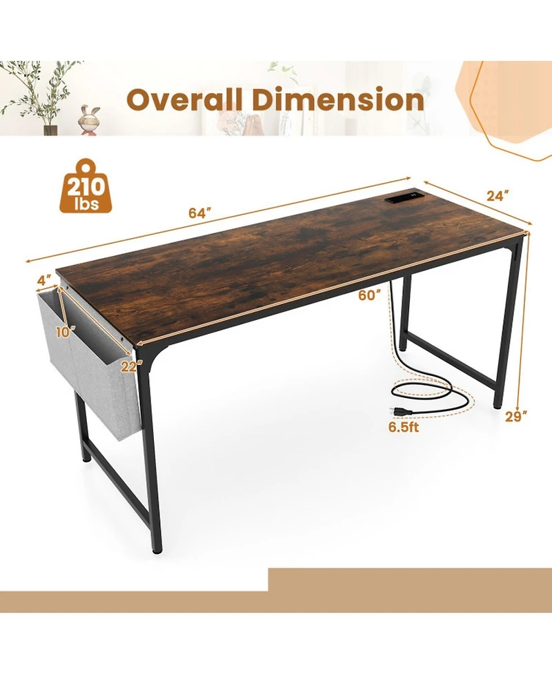 Gouun Computer Desk with Built-In Charging Station, Side Storage Bag and Metal Hook